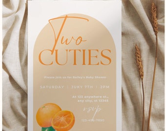 May include: A baby shower invitation with an orange and peach color scheme. The invitation features the text "Two Cutie" in a handwritten font. The invitation also includes the date, time, and location of the baby shower.