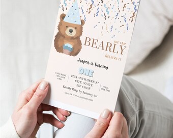 Invitación de osito de peluche para primer cumpleaños