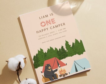 Invitación digital para la primera fiesta de cumpleaños de One Happy Camper