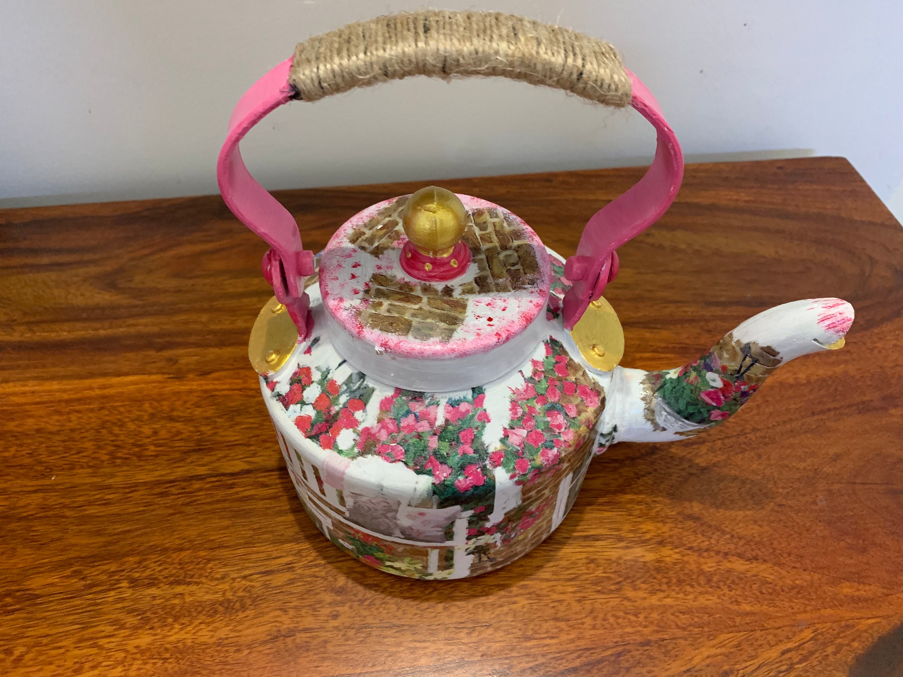 Decoupage kettle with jute handle and Etsy