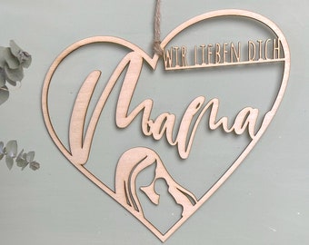 Muttertag Herz Holzschild | Mama mit Baby | Mama, Muttertag Geschenk | Anhänger Holz Muttertag