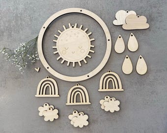 Mobile SET | DIY Mobile Set aus Holz | Mit oder ohne Aufhängung | Motiv: Regenbogen / Sonne / Wetter