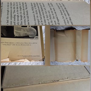 May include: A vintage book with aged, yellowed pages and a worn cover. The text is visible, with sections of the pages torn and creased. The book's spine is visible, showing signs of wear and tear. The image includes text from the book.
