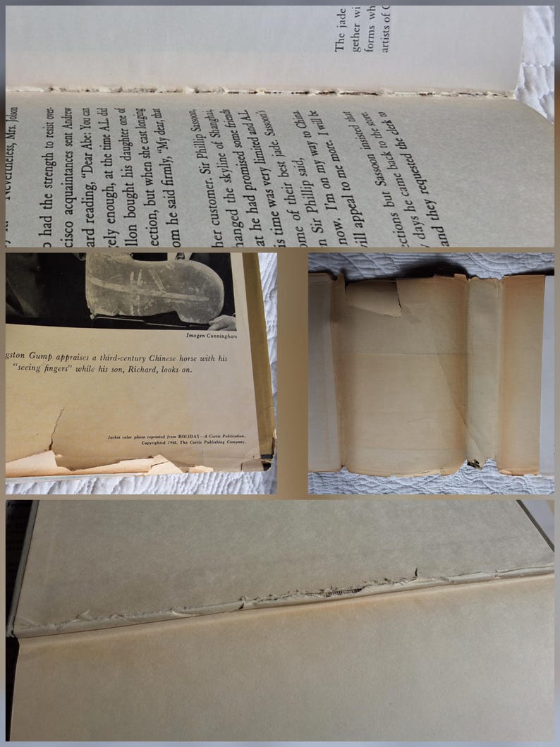 May include: A vintage book with aged, yellowed pages and a worn cover. The text is visible, with sections of the pages torn and creased. The book's spine is visible, showing signs of wear and tear. The image includes text from the book.
