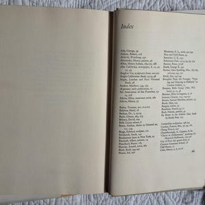 May include: Open book with an index page on the right and a blank page on the left. The index lists names and page numbers in black text. The book is open on a white surface.