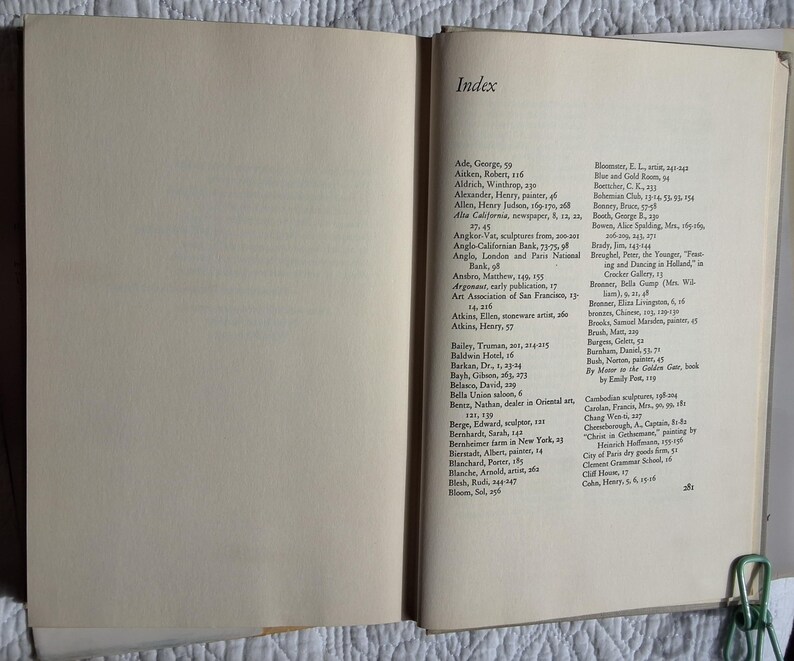May include: Open book with an index page on the right and a blank page on the left. The index lists names and page numbers in black text. The book is open on a white surface.