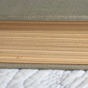 May include: Close-up of a vintage book with a faded green cover and aged, yellowed pages. The book's spine is visible, showing the binding and the texture of the cover material. The pages are slightly uneven, indicating age.