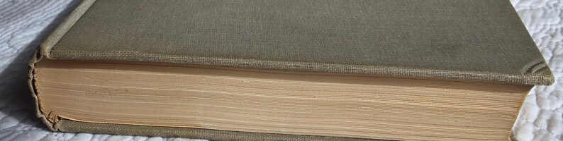 May include: Close-up of a vintage book with a muted green cover and aged, yellowed pages. The book's spine and corners show signs of wear, suggesting its age. The pages are slightly fanned out, revealing their texture.
