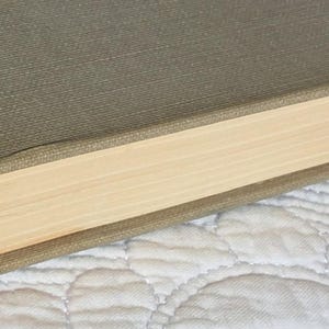 May include: Close-up of a hardback book with a light green cover and light-colored pages. The book's spine is visible, with the word "WELL" embossed on the corner. The book is resting on a white, quilted surface.