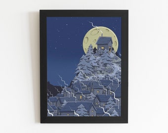 House on a Hill Download Print, Wall Art, Moon, Night, Spooky, Children's Illustration, International A Paper Ratio