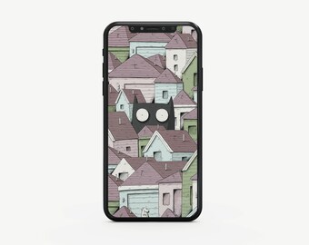 Cat and Mouse Phone Wallpaper, Digital Download, Fantasy, Pattern, Houses, Children's Illustration, Smartphone Sizes
