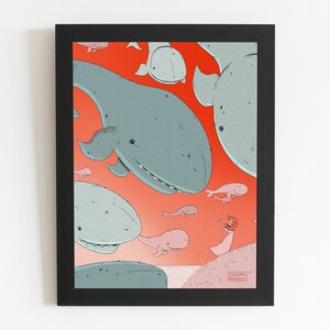 Floating Whales Download Print, Wall Art, Whale, Sunset, Sunrise, Children&#39;s Illustration, International A Paper Ratio