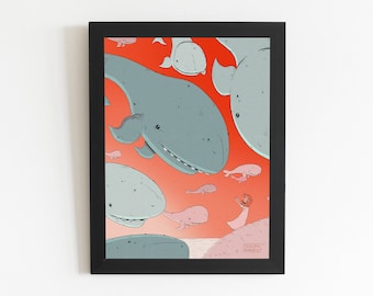 Floating Whales Download Print, Wall Art, Whale, Sunset, Sunrise, Children's Illustration, International A Paper Ratio