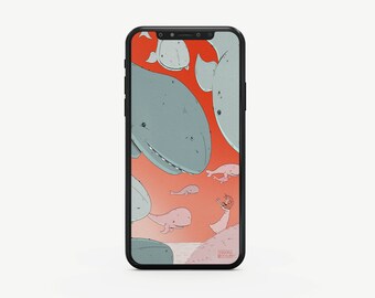 Floating Whales Phone Wallpaper, Digital Download, Whale, Sunset, Sunrise, Children's Illustration, Smartphone Sizes