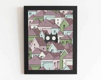 Cat and Mouse Digital Download Print, Wall Art, Fantasy, Pattern, Houses, Children's Illustration, International A Paper Ratio
