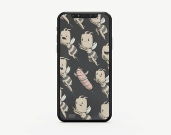 Bees Phone Wallpaper, Digital Download, Bee, Worm, Insects, Children's Illustration, Smartphone Sizes