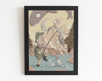 Money Fishing Download Print, Wall Art, Fish, Forest, Wood, Children's Illustration, International A Paper Ratio