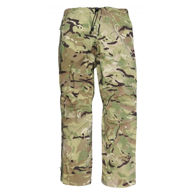 May include: Camouflage pants with a drawstring waist and zippered pockets. The pants are made of a durable, water-resistant material.