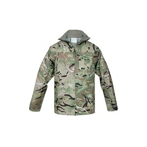 May include: A green, brown and black camouflage jacket with a zip fastening and a high collar.