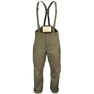 May include: Olive green waterproof waders with adjustable braces. The waders feature a high waist design and a rectangular patch on the chest. The braces are attached to the waders with plastic clips.