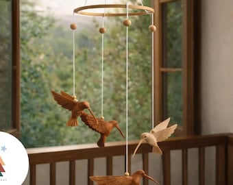 Handmade Wooden Nursery Baby Mobile - Hummingbird wooden hand carved crib mobile