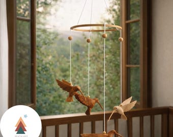 Móvil de cuna de madera hecho a mano para bebé - Móvil de cuna de madera con colibrí tallado a mano