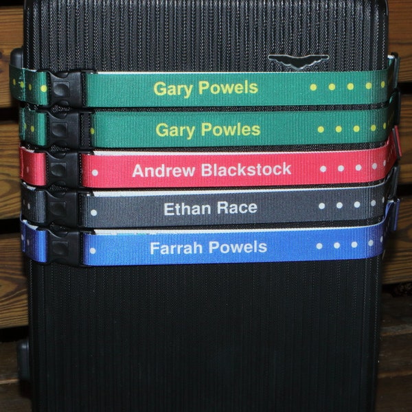 Cash's Personalised Luggage Straps - repeated name with motifs, 35mm wide, upto 2 metres long, slider lock buckle/luggage straps/travel/