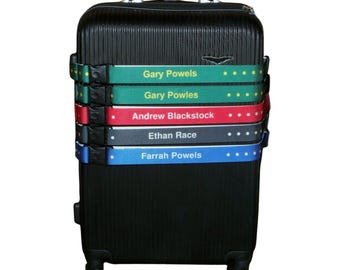 Personalised Luggage Straps - repeated name with motifs, 35mm wide, upto 2 metres long, slider lock buckle