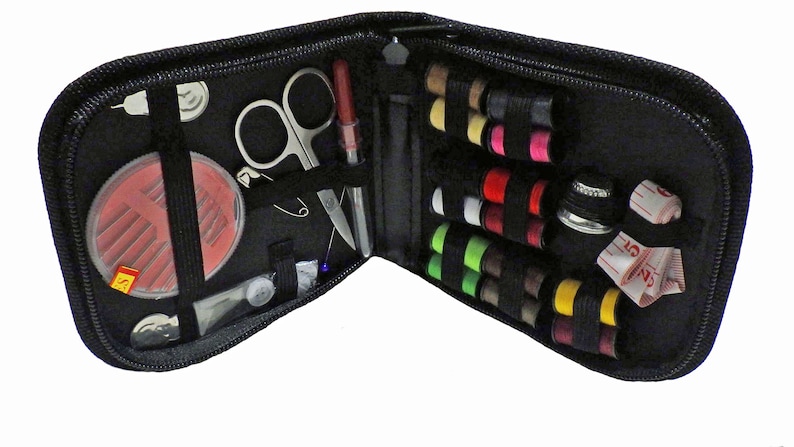 May include: A black zippered travel sewing kit with a variety of sewing supplies, including needles, thread, scissors, and a tape measure.