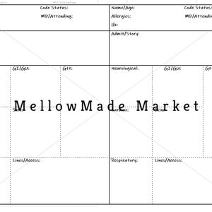 May include: A blank medical chart form with the title "Mellow Made Market" in the center. The form is divided into sections for patient information, allergies, history, admit/story, neurological, GI/GU, G+t, cardiac, respiratory, and lines/access.