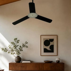 May include: A black ceiling fan with three blades suspended from a light-coloured ceiling. The fan has a white light fixture. The room includes a wooden cabinet, artwork, and a vase with greenery.