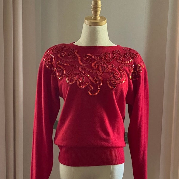 Suéter de manga larga de lana de cordero de lentejuelas rojas de la década de 1980 hecho en Hong Kong suéter de vacaciones medio / rojo suéter de lentejuelas / cuello redondo de manga larga rojo