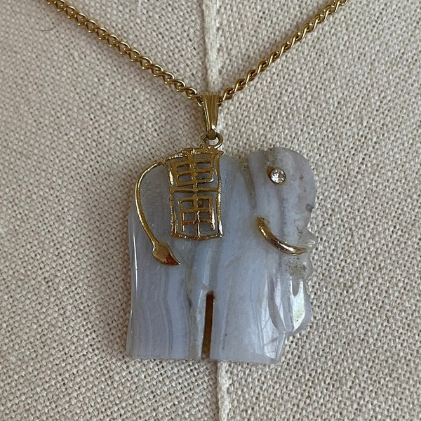 Vintage Blue Lace Agate Elephant Pendant with 18K Gold Filled 16" Chain