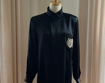 1970s Black Silk Long Sleeve Blouse with Gold Pocket Crest | Vintage Formal or Dressy Black Silk Button Down Blouse Size Small to Medium