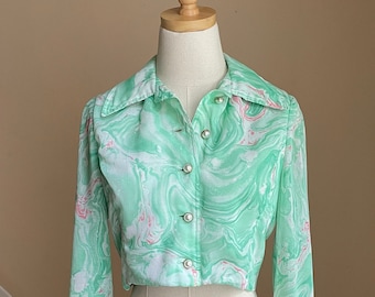 1970's Mod Bolero Jacket | Vintage Green Marble Button Front Short Blazer/Jacket | Bullocks Wilshire Swirl Pattern Bolero XS to Small