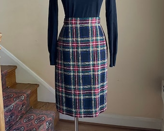 1970s Giorgio Grati Plaid Wool Skirt | Vintage Blue Plaid Italian Skirt Size Small