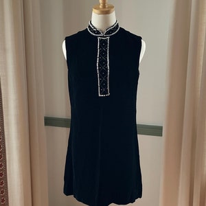 Darling Black Velvet Rhinestone Faux Pearl and Bead Cocktail Dress | Vintage Sleeveless Black Velvet Party Dress with Decorative Front Small