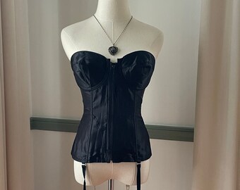 Vintage Boned Corset Black Size 36D | Lady Marlene Black Lace Corset with Detachable Garter Straps | Front Hook and Zip Corset