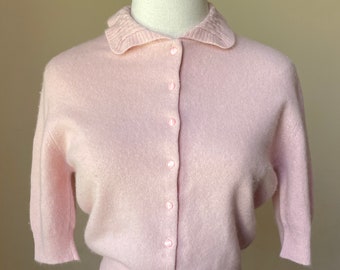 1950s Petal Pink Short Sleeve Angora and Lambswool Cardigan Sweater | Vintage Cropped Rockability Knit Sweater