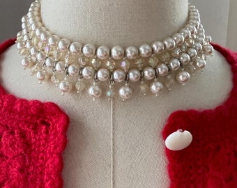 Stunning Choker Faux Pearl Crystal Necklace 13” to 16” with Extender | Vintage Faux Pearl Bridal or Bridesmaid Choker | Y2k Coquette Choker