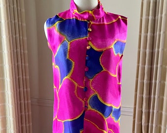 1970s Saks Fifth Avenue Silk Mod Dress | Vintage Fuchsia and Royal Blue Silk Dress | Artsy Hot Pink and Royal Blue Silk Dress