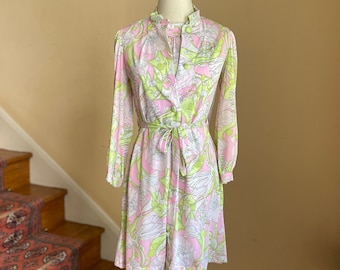 1960&#39;s Komar Peignoir Set | Vintage Short Robe and Nightgown Mod Pink and Green Floral Design | Pucci-Esque Print Lingerie Set Extra Small