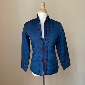 Vintage Kim&#39;s Blue Silk Asian Chinese Quilted Jacket Size Extra-Small with Floral Frog Fasteners