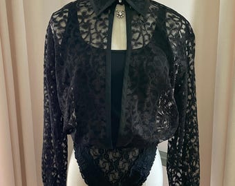 Alluring Lace Body Suit Inky Black by Henri Bendel Size Small | Y2k Coquette 2000s Sexy Lace Body Suit Long Sleeve | Dressy Gothic Bodysuit