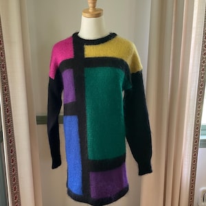 Fun 1980&#39;s Colorblock Mohair Tunic Sweater/Sweater Dress Medium | Vintage Mod Long Sleeve Crew Neck Sweater/Jumper
