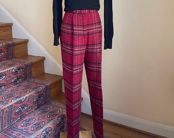 Christian Dior Red Wool Plaid Pants | Vintage High Rise Dress Wool Trousers | Women's Plaid Trousers Medium