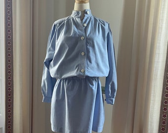 Vintage 1970-80s Oxford Blue Button Down Blouson Shirt Dress Size Small | Preppy Blue Long Sleeve Dress