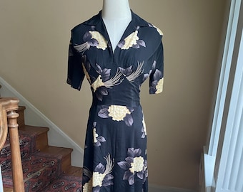 Darling Floral Dress Black with Yellow Flowers | Karen Alexander &#39;50s Style Dress with Tie Back | Size Extra-Small to Small
