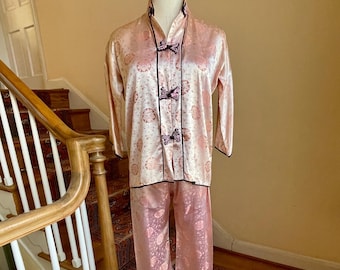 Vintage roze medaillon met Chinese zijde uit de jaren 60, klein