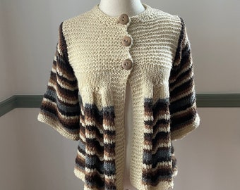 Vintage CROCHETTA Babydoll Cardigan Sweater Size Extra-Small | Cottagecore Beige and Striped Sweater
